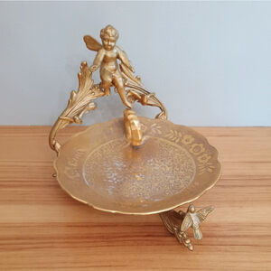 Antique Gold Cherub Angel Art Nouveau Cast Iron Plate Stand Holder Bavaria Plate